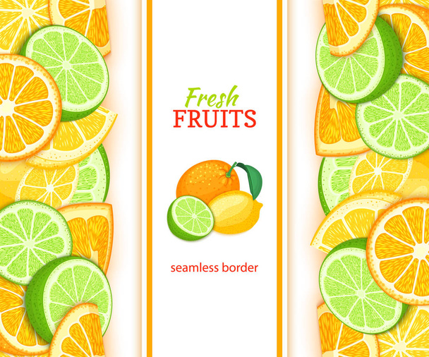Zralý pomeranč limetka citron vertikální bezešvé hranice. Vektorové ilustrace kartu s složení šťavnaté ovoce čerstvého řezu, list pro design čaj, zmrzlina, přírodní kosmetika, zdravotnické výrobky, detox dieta - Vektor, obrázek