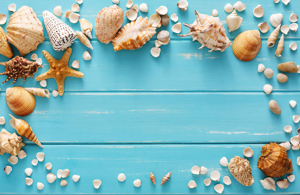 Seashells on blue wood, sea vacation background - Photo, Image