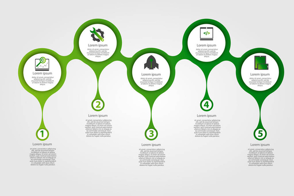 Modern sablon infographic körökben. Sablon grafikus, prezentáció, business, web design, jelentések. Színes diagram 5 lépés, alkatrészek, szakaszonként. Öt csepp a hely a szöveg és az ikonok - Vektor, kép