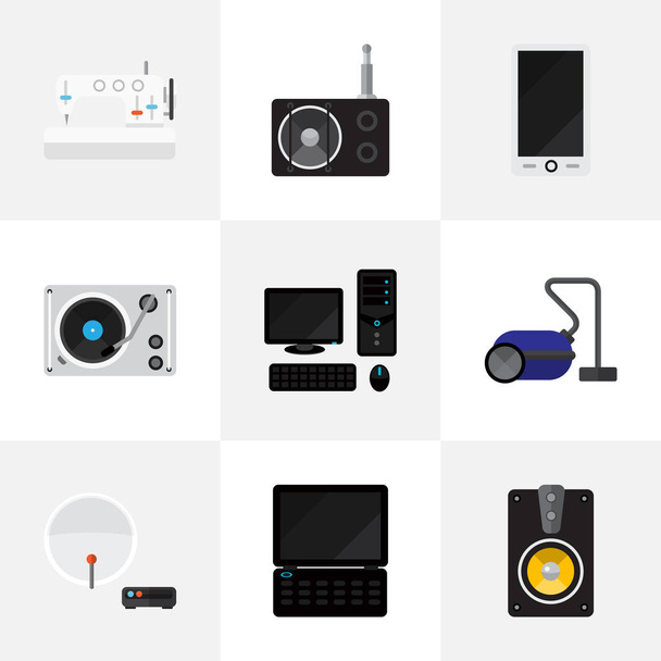 Set Of 9 Editable Tech Flat Icons. Includes Symbols Such As Antenna, Personal Computer, Notebook And More. Can Be Used For Web, Mobile, UI And Infographic Design. - Vector, Image