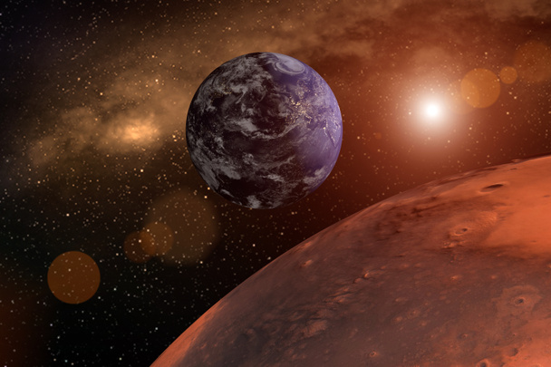 3D vykreslování z planety mars jako detailní s země a slunce na pozadí - Fotografie, Obrázek