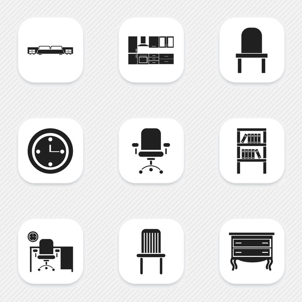 Ensemble de 9 icônes de meubles modifiables. Comprend des symboles tels que le siège, matelas, commode et plus encore. Peut être utilisé pour le Web, mobile, interface utilisateur et infographie
. - Vecteur, image