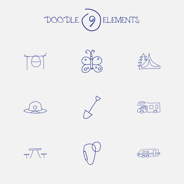 Set de 9 Doodles de Viaje Editable. Incluye símbolos como campista, picnic, carabina y más. Puede ser utilizado para el diseño de la tela, móvil, interfaz de usuario e infografía
. - Vector, Imagen
