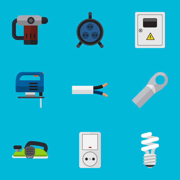 Set von 9 editierbaren elektrischen flachen Symbolen. beinhaltet Symbole wie Stichsäge, Buchse, Kabel und mehr. kann für Web-, Mobil-, UI- und Infografik-Design verwendet werden. - Vektor, Bild
