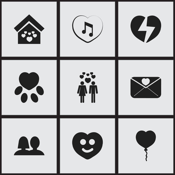 Készlet 9 szerkeszthető szerelem ikonok. Magában foglalja a szimbólumok, mint a boldog, lakóhelye, a szeretet levél, és több. Lehet használni a Web, mobil, Ui és Infographic Design. - Vektor, kép