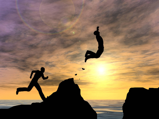 young man silhouette jump from cliff  - Photo, Image