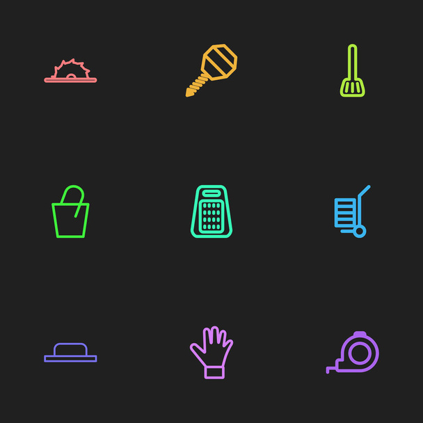 Conjunto de 9 iconos de contorno de instrumentos editables. Incluye símbolos como rallador, taladro, transporte y más. Puede ser utilizado para el diseño de la tela, móvil, interfaz de usuario e infografía
. - Vector, Imagen