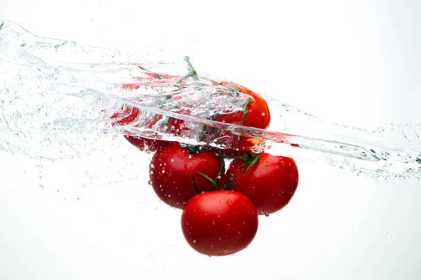 Tomates rojos en una rama con gotas de agua sobre un fondo blanco
 - Foto, imagen