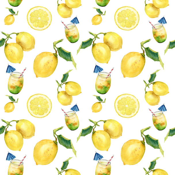 Lemoniada akwarela bezszwowe wzór. Cytrusowych andcocktail ornament isolatedon białe tło. Dla projektowania, tkaniny lub Drukuj - Zdjęcie, obraz