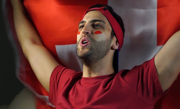 Швейцарський хлопець розмахував прапором Швейцарії - Фото, зображення