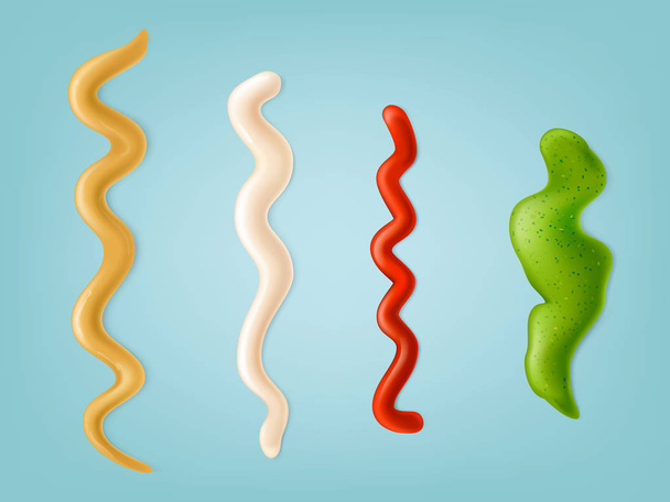Set of vector illustrations, color icons of spilled strips of different sauces. - Vektör, Görsel