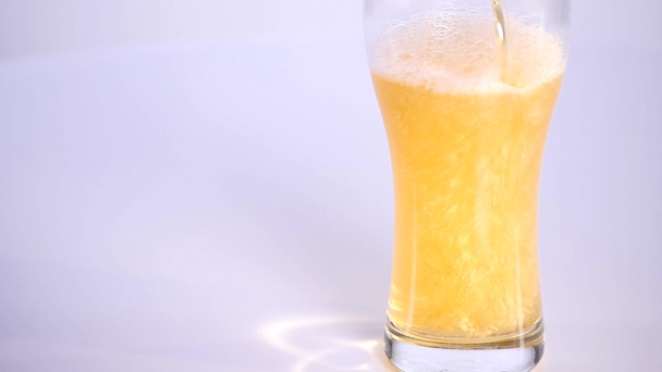 Beer is pouring into glass on white background. Slow motion - Felvétel, videó