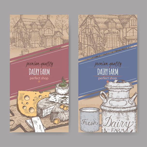Two dairy farm shop labels with farmhouse, color milk can, mug and cheese plate. - Vector, imagen