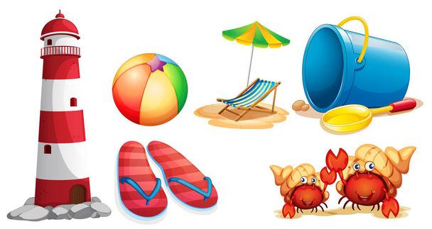 Маяк и разнообразные пляжные принадлежности
 - Вектор,изображение