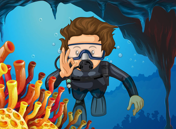Man doing scuba diving under the ocean - Vector, Image