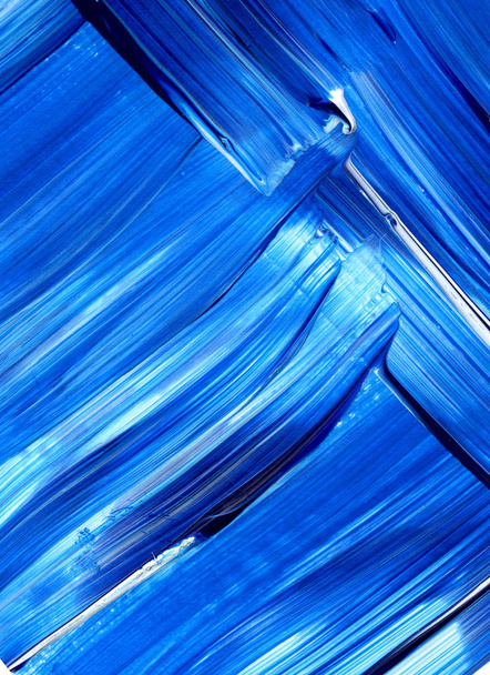 Blue acrylic dynamic brush stroke. Hand painted texture, background - Photo, Image