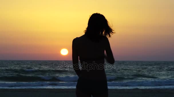 Silhouette di yang elegante donna in posa davanti al sole sospeso basso
. - Filmati, video