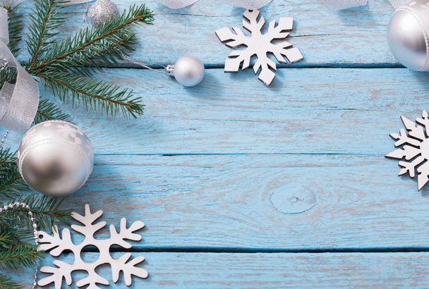 Christmas decoration on blue wooden background - Φωτογραφία, εικόνα