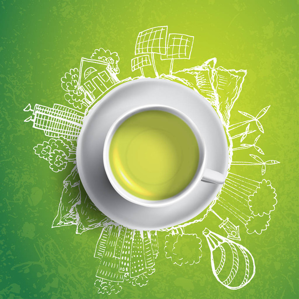 Green tea with circle ecology doodles. Sketched eco elements with cup of green tea, vector illustration - Вектор, зображення