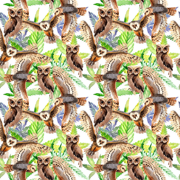 Ουρανό πουλί κουκουβάγια μοτίβο σε μια άγρια φύση με στυλ υδροχρώματος. - Φωτογραφία, εικόνα