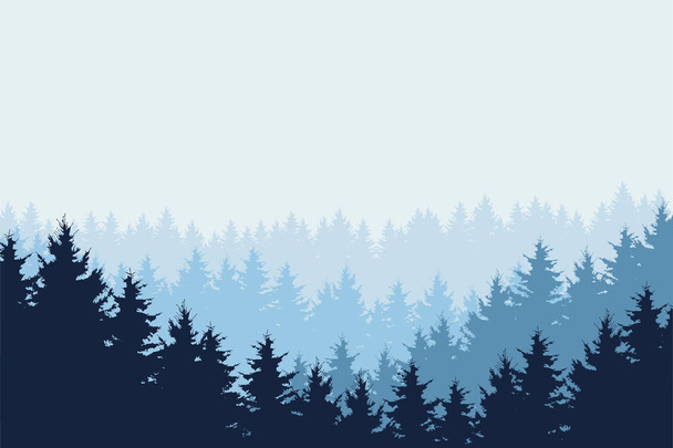 Blue vector illustration of forest in winter under blue sky - Вектор,изображение
