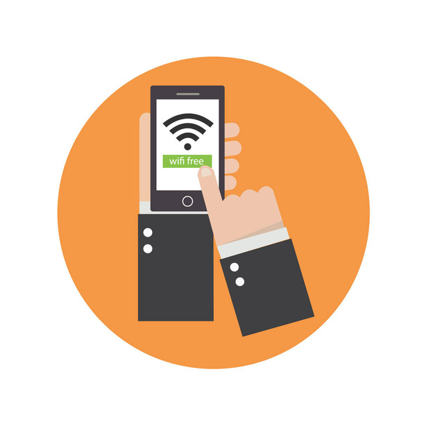 Mains d'affaires tenant le téléphone avec icône wifi à l'écran et orange
 - Vecteur, image