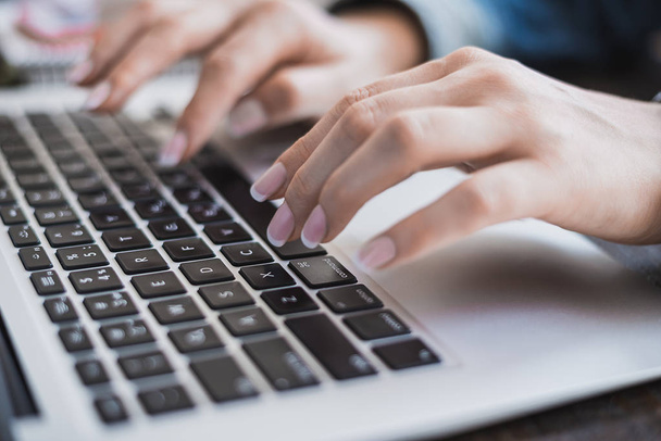 Morning business woman. Female hands working on a laptop, close-up. Horizontal frame - Φωτογραφία, εικόνα