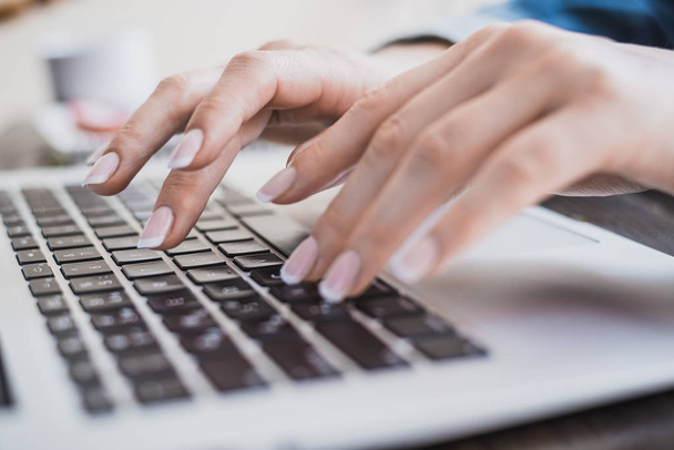 Утренняя деловая женщина. Женские руки работают над ноутбуком, крупным планом. Горизонтальная рамка
 - Фото, изображение