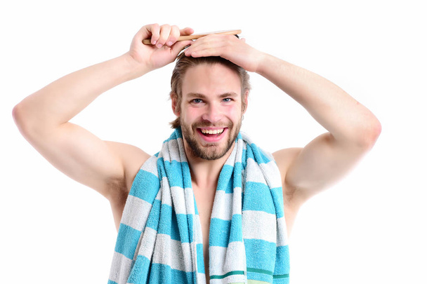 Man with naked torso, happy smiling face and beard - Photo, image