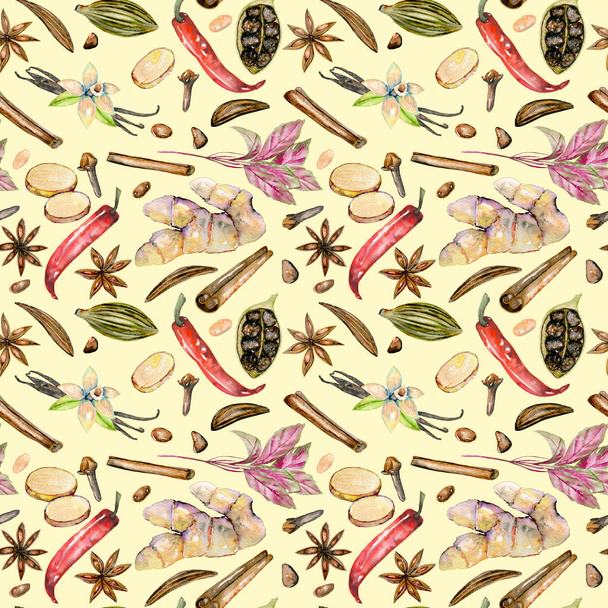 Seamless pattern with watercolor spices (cinnamon, anise, basil, caraway, cardamom, red pepper, ginger, vanilla and cloves) - Foto, Imagen