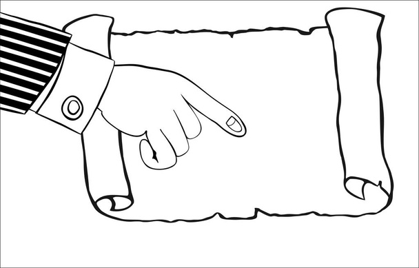 Human hand indicates to an empty parchment, scroll. - Διάνυσμα, εικόνα