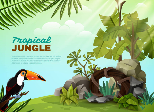 Τροπική ζούγκλα Toucan Κήπος σύνθεση αφίσα  - Διάνυσμα, εικόνα
