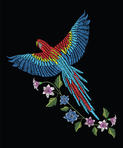 Ein Papagei mit Narzisse, Tulpe und Lilienblüte. Stickereien sticht stilisierte Vektorillustration. traditionelle florale Muster für Textilien. - Vektor, Bild