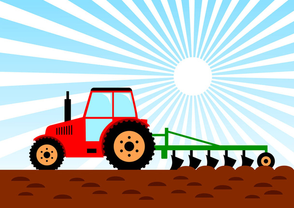 Agricultural work, red tractor on field   - Vector, Image