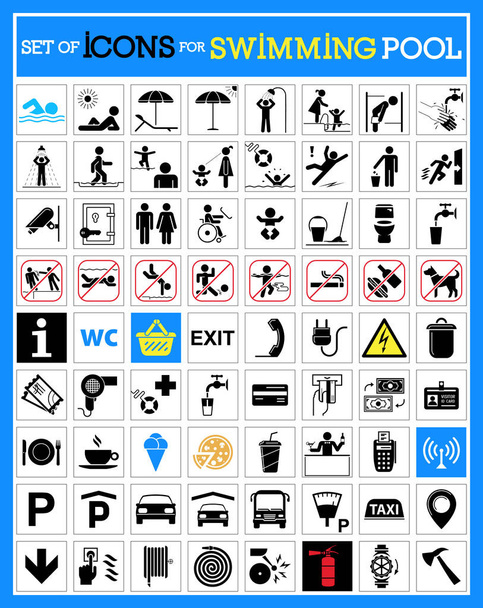 sehr nützliches und brauchbares Set von Symbolen für Schwimmbäder. - Vektor, Bild