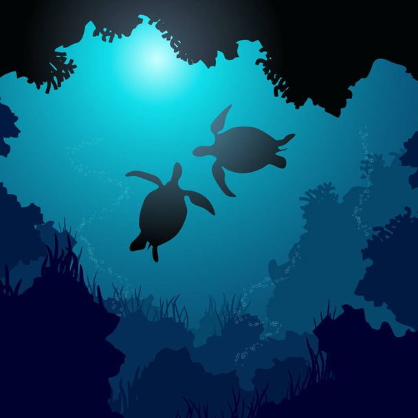 Square illustration of turtles in rays of water. - Vector, Image