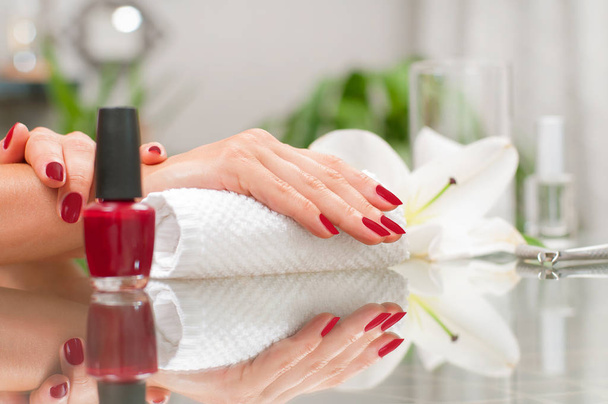 Manicure concept. Beautiful woman's hands with perfect manicure at  beauty salon. - Zdjęcie, obraz