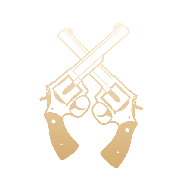 Revolvers, crossed handguns, gold over white - Vector, imagen
