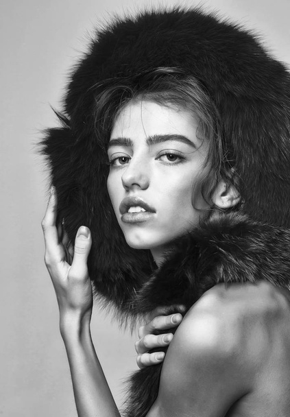 fashion model woman in fur scarf - Photo, Image