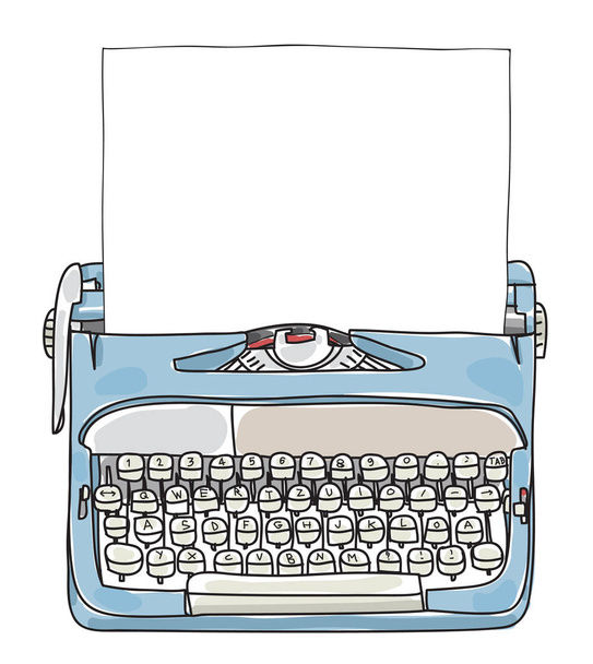 Máquina de escribir de trabajo azul claro con papel dibujado a mano vector lindo
 - Vector, Imagen