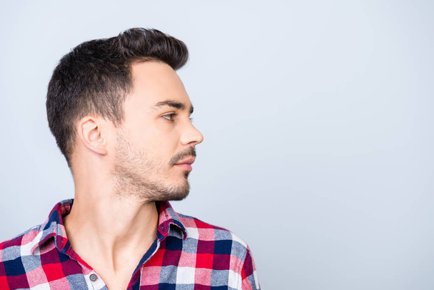 Profile side photo of young hipster brunet guy, standing in casu - Fotoğraf, Görsel