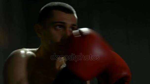 Slow motion of sportsman boxer striking imaginary opponent practicing punches - Felvétel, videó