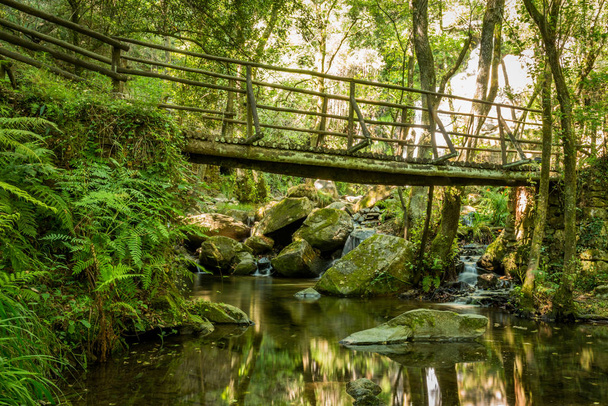 Holzbrücke nahe Wasserfall in cabreia portugal - Foto, Bild