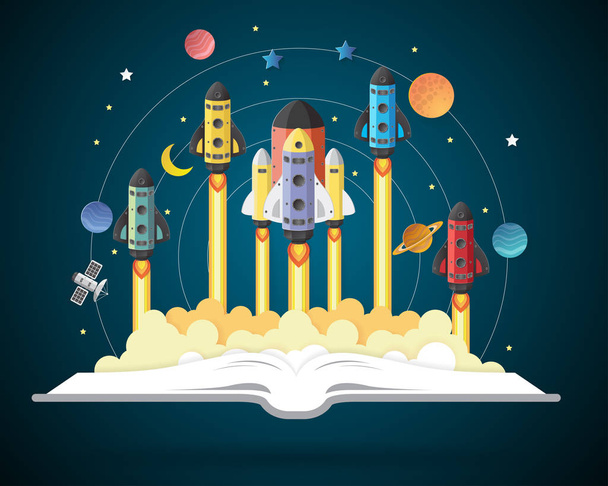 Open book with solar system, space shuttle, planets, stars, Eart - Вектор,изображение