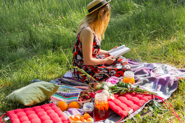meisje op een picknick leest het boek - Foto, afbeelding