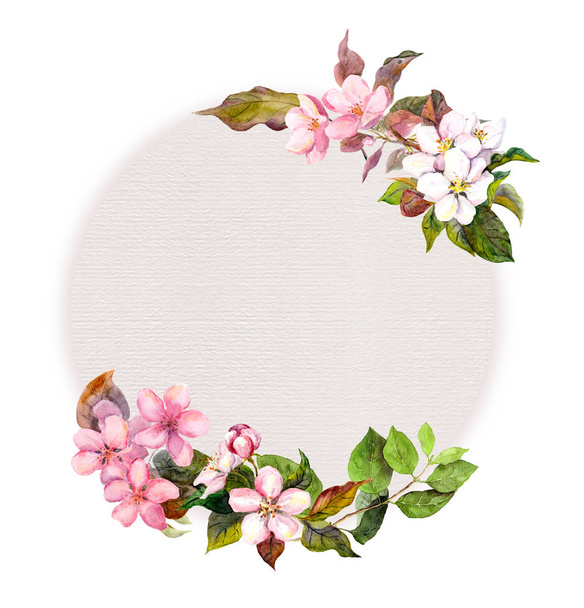 Floral pattern - blossom pink flowers and cute bird. Watercolor circle background - Photo, image