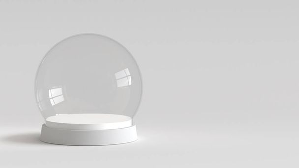 Άδειο χιόνι γυάλινη μπάλα με λευκή θήκη σε λευκό φόντο. 3D rendering. - Φωτογραφία, εικόνα