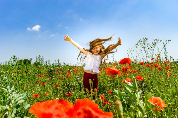 Cute little girl playing in red poppies field summer day, beauty - Photo, Image