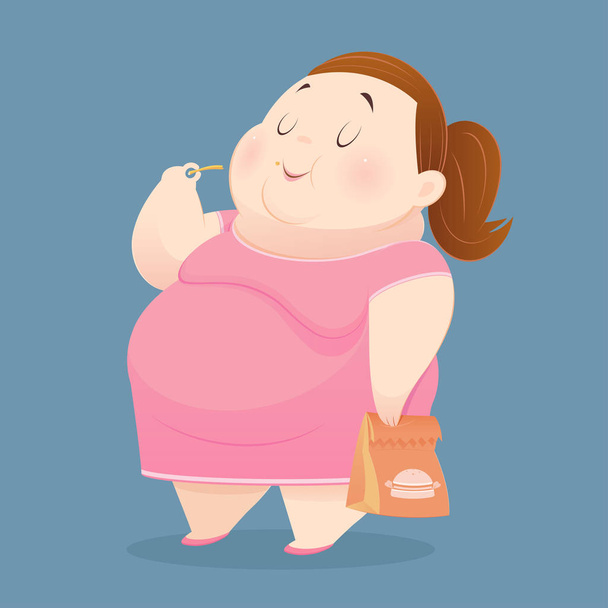 Товста жінка насолоджується їжею багатьох нездорових продуктів
 - Вектор, зображення