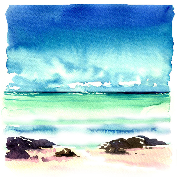 Tropisch strand met rotsen in het water zeegezicht, landschap van zee, blauwe hemel, mariene weergave, kustlijn van de Caribische zee, aquarel illustratie - Foto, afbeelding